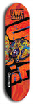 Limited edition, North American maple skateboard deck designed by underground artist BellyRash -- available in widths 7.5 to 8.5 inches in both mellow concave and steep concave shapes. Artwork: UWE KARL SNARLS brand popsicle-shaped skateboard deck with swirly monster, giant UWE KARL logo and an orange background