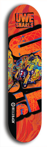 Limited edition, North American maple skateboard deck designed by underground artist BellyRash -- available in widths 7.5 to 8.5 inches in both mellow concave and steep concave shapes. Artwork: UWE KARL SNARLS brand popsicle-shaped skateboard deck with swirly monster, giant UWE KARL logo and an orange background