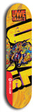 Limited edition, North American maple skateboard deck designed by underground artist BellyRash -- available in widths 7.5 to 8.5 inches in both mellow concave and steep concave shapes. Artwork: UWE KARL SNARLS brand popsicle-shaped skateboard deck with swirly monster, giant UWE KARL logo and a swirly yellow background 