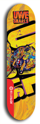 Limited edition, North American maple skateboard deck designed by underground artist BellyRash -- available in widths 7.5 to 8.5 inches in both mellow concave and steep concave shapes. Artwork: UWE KARL SNARLS brand popsicle-shaped skateboard deck with swirly monster, giant UWE KARL logo and a swirly yellow background 