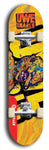 Limited edition, North American maple skateboard deck designed by underground artist BellyRash -- available in widths 7.5 to 8.5 inches in both mellow concave and steep concave shapes. Artwork: UWE KARL SNARLS brand popsicle-shaped skateboard deck with swirly monster, giant UWE KARL logo and a swirly yellow background 