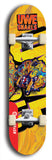 Limited edition, North American maple skateboard deck designed by underground artist BellyRash -- available in widths 7.5 to 8.5 inches in both mellow concave and steep concave shapes. Artwork: UWE KARL SNARLS brand popsicle-shaped skateboard deck with swirly monster, giant UWE KARL logo and a swirly yellow background 