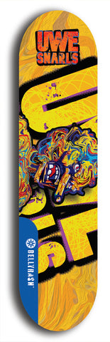 Limited edition, North American maple skateboard deck designed by underground artist BellyRash -- available in widths 7.5 to 8.5 inches in both mellow concave and steep concave shapes. Artwork: UWE KARL SNARLS brand popsicle-shaped skateboard deck with swirly monster, giant UWE SNARLS logo and a swirly yellow background 