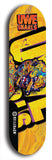 Limited edition, North American maple skateboard deck designed by underground artist BellyRash -- available in widths 7.5 to 8.5 inches in both mellow concave and steep concave shapes. Artwork: UWE KARL SNARLS brand popsicle-shaped skateboard deck with swirly monster, giant UWE KARL logo and a swirly yellow background 