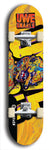 Limited edition, North American maple skateboard deck designed by underground artist BellyRash -- available in widths 7.5 to 8.5 inches in both mellow concave and steep concave shapes. Artwork: UWE KARL SNARLS brand popsicle-shaped skateboard deck with swirly monster, giant UWE KARL logo and a swirly yellow background 