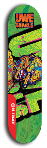 Limited edition, North American maple skateboard deck designed by underground artist BellyRash -- available in widths 7.5 to 8.5 inches in both mellow concave and steep concave shapes. Artwork: UWE KARL SNARLS brand popsicle-shaped skateboard deck with swirly monster, giant UWE KARL logo and a green background