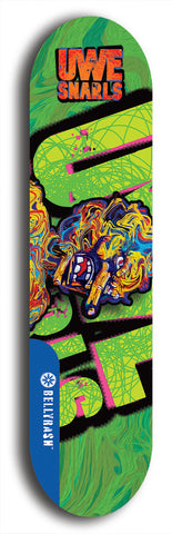 Limited edition, North American maple skateboard deck designed by underground artist BellyRash -- available in widths 7.5 to 8.5 inches in both mellow concave and steep concave shapes. Artwork: UWE KARL SNARLS brand popsicle-shaped skateboard deck with swirly monster, giant UWE KARL logo and a green background