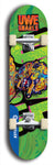 Limited edition, North American maple skateboard deck designed by underground artist BellyRash -- available in widths 7.5 to 8.5 inches in both mellow concave and steep concave shapes. Artwork: UWE KARL SNARLS brand popsicle-shaped skateboard deck with swirly monster, giant UWE KARL logo and a green background