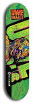 Limited edition, North American maple skateboard deck designed by underground artist BellyRash -- available in widths 7.5 to 8.5 inches in both mellow concave and steep concave shapes. Artwork: UWE KARL SNARLS brand popsicle-shaped skateboard deck with swirly monster, giant UWE KARL logo and a green background