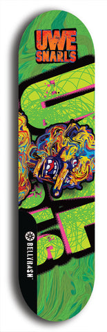 Limited edition, North American maple skateboard deck designed by underground artist BellyRash -- available in widths 7.5 to 8.5 inches in both mellow concave and steep concave shapes. Artwork: UWE KARL SNARLS brand popsicle-shaped skateboard deck with swirly monster, giant UWE KARL logo and a green background