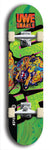 Limited edition, North American maple skateboard deck designed by underground artist BellyRash -- available in widths 7.5 to 8.5 inches in both mellow concave and steep concave shapes. Artwork: UWE KARL SNARLS brand popsicle-shaped skateboard deck with swirly monster, giant UWE KARL logo and a green background