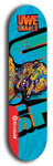 Limited edition, North American maple skateboard deck designed by underground artist BellyRash -- available in widths 7.5 to 8.5 inches in both mellow concave and steep concave shapes. Artwork: UWE KARL SNARLS brand popsicle-shaped skateboard deck with swirly monster, giant UWE KARL logo and a blue background