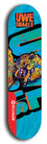 Limited edition, North American maple skateboard deck designed by underground artist BellyRash -- available in widths 7.5 to 8.5 inches in both mellow concave and steep concave shapes. Artwork: UWE KARL SNARLS brand popsicle-shaped skateboard deck with swirly monster, giant UWE KARL logo and a blue background