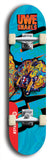 Limited edition, North American maple skateboard deck designed by underground artist BellyRash -- available in widths 7.5 to 8.5 inches in both mellow concave and steep concave shapes. Artwork: UWE KARL SNARLS brand popsicle-shaped skateboard deck with swirly monster, giant UWE KARL logo and a blue background