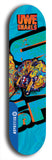 Limited edition, North American maple skateboard deck designed by underground artist BellyRash -- available in widths 7.5 to 8.5 inches in both mellow concave and steep concave shapes. Artwork: UWE KARL SNARLS brand popsicle-shaped skateboard deck with swirly monster, giant UWE KARL logo and a blue background