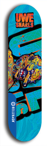 Limited edition, North American maple skateboard deck designed by underground artist BellyRash -- available in widths 7.5 to 8.5 inches in both mellow concave and steep concave shapes. Artwork: UWE KARL SNARLS brand popsicle-shaped skateboard deck with swirly monster, giant UWE KARL logo and a blue background