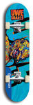 Limited edition, North American maple skateboard deck designed by underground artist BellyRash -- available in widths 7.5 to 8.5 inches in both mellow concave and steep concave shapes. Artwork: UWE KARL SNARLS brand popsicle-shaped skateboard deck with swirly monster, giant UWE KARL logo and a blue background