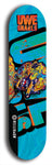 Limited edition, North American maple skateboard deck designed by underground artist BellyRash -- available in widths 7.5 to 8.5 inches in both mellow concave and steep concave shapes. Artwork: UWE KARL SNARLS brand popsicle-shaped skateboard deck with swirly monster, giant UWE KARL logo and a blue background