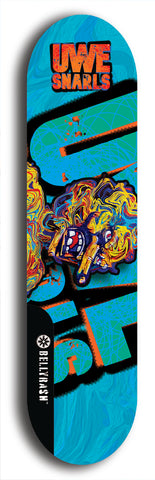 Limited edition, North American maple skateboard deck designed by underground artist BellyRash -- available in widths 7.5 to 8.5 inches in both mellow concave and steep concave shapes. Artwork: UWE KARL SNARLS brand popsicle-shaped skateboard deck with swirly monster, giant UWE KARL logo and a blue background