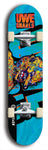 Limited edition, North American maple skateboard deck designed by underground artist BellyRash -- available in widths 7.5 to 8.5 inches in both mellow concave and steep concave shapes. Artwork: UWE KARL SNARLS brand popsicle-shaped skateboard deck with swirly monster, giant UWE KARL logo and a blue background