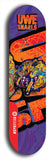 Limited edition, North American maple skateboard deck designed by underground artist BellyRash -- available in widths 7.5 to 8.5 inches in both mellow concave and steep concave shapes. Artwork: UWE KARL SNARLS brand popsicle-shaped skateboard deck with swirly monster, giant UWE KARL logo and a dark blue background