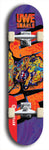 Limited edition, North American maple skateboard deck designed by underground artist BellyRash -- available in widths 7.5 to 8.5 inches in both mellow concave and steep concave shapes. Artwork: UWE KARL SNARLS brand popsicle-shaped skateboard deck with swirly monster, giant UWE KARL logo and a dark blue background