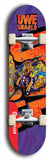 Limited edition, North American maple skateboard deck designed by underground artist BellyRash -- available in widths 7.5 to 8.5 inches in both mellow concave and steep concave shapes. Artwork: UWE KARL SNARLS brand popsicle-shaped skateboard deck with swirly monster, giant UWE KARL logo and a dark blue background