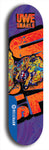 Limited edition, North American maple skateboard deck designed by underground artist BellyRash -- available in widths 7.5 to 8.5 inches in both mellow concave and steep concave shapes. Artwork: UWE KARL SNARLS brand popsicle-shaped skateboard deck with swirly monster, giant UWE KARL logo and a dark blue background