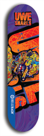 Limited edition, North American maple skateboard deck designed by underground artist BellyRash -- available in widths 7.5 to 8.5 inches in both mellow concave and steep concave shapes. Artwork: UWE KARL SNARLS brand popsicle-shaped skateboard deck with swirly monster, giant UWE KARL logo and a dark blue background