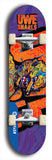 Limited edition, North American maple skateboard deck designed by underground artist BellyRash -- available in widths 7.5 to 8.5 inches in both mellow concave and steep concave shapes. Artwork: UWE KARL SNARLS brand popsicle-shaped skateboard deck with swirly monster, giant UWE KARL logo and a dark blue background