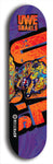 Limited edition, North American maple skateboard deck designed by underground artist BellyRash -- available in widths 7.5 to 8.5 inches in both mellow concave and steep concave shapes. Artwork: UWE KARL SNARLS brand popsicle-shaped skateboard deck with swirly monster, giant UWE KARL logo and a dark blue background