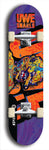 Limited edition, North American maple skateboard deck designed by underground artist BellyRash -- available in widths 7.5 to 8.5 inches in both mellow concave and steep concave shapes. Artwork: UWE KARL SNARLS brand popsicle-shaped skateboard deck with swirly monster, giant UWE KARL logo and a dark blue background