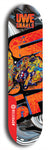 Limited edition, North American maple skateboard deck designed by underground artist BellyRash -- available in widths 7.5 to 8.5 inches in both mellow concave and steep concave shapes. Artwork: UWE KARL SNARLS brand popsicle-shaped skateboard deck with swirly monster, giant UWE KARL logo and a liquid metal background