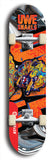 Limited edition, North American maple skateboard deck designed by underground artist BellyRash -- available in widths 7.5 to 8.5 inches in both mellow concave and steep concave shapes. Artwork: UWE KARL SNARLS brand popsicle-shaped skateboard deck with swirly monster, giant UWE KARL logo and a liquid metal background