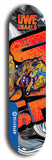 Limited edition, North American maple skateboard deck designed by underground artist BellyRash -- available in widths 7.5 to 8.5 inches in both mellow concave and steep concave shapes. Artwork: UWE KARL SNARLS brand popsicle-shaped skateboard deck with swirly monster, giant UWE KARL logo and a liquid metal background