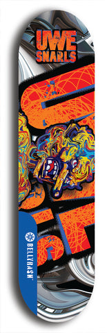 Limited edition, North American maple skateboard deck designed by underground artist BellyRash -- available in widths 7.5 to 8.5 inches in both mellow concave and steep concave shapes. Artwork: UWE KARL SNARLS brand popsicle-shaped skateboard deck with swirly monster, giant UWE KARL logo and a liquid metal background