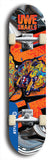 Limited edition, North American maple skateboard deck designed by underground artist BellyRash -- available in widths 7.5 to 8.5 inches in both mellow concave and steep concave shapes. Artwork: UWE KARL SNARLS brand popsicle-shaped skateboard deck with swirly monster, giant UWE KARL logo and a liquid metal background