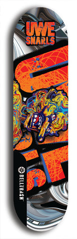 Limited edition, North American maple skateboard deck designed by underground artist BellyRash -- available in widths 7.5 to 8.5 inches in both mellow concave and steep concave shapes. Artwork: UWE KARL SNARLS brand popsicle-shaped skateboard deck with swirly monster, giant UWE KARL logo and a liquid metal background