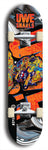 Limited edition, North American maple skateboard deck designed by underground artist BellyRash -- available in widths 7.5 to 8.5 inches in both mellow concave and steep concave shapes. Artwork: UWE KARL SNARLS brand popsicle-shaped skateboard deck with swirly monster, giant UWE KARL logo and a liquid metal background