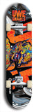 Limited edition, North American maple skateboard deck designed by underground artist BellyRash -- available in widths 7.5 to 8.5 inches in both mellow concave and steep concave shapes. Artwork: UWE KARL SNARLS brand popsicle-shaped skateboard deck with swirly monster, giant UWE KARL logo and a liquid metal background