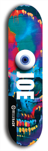 Skateboard deck: Limited edition, North American maple skateboard deck designed by underground artist BellyRash - available widths 7.5 to 8.5 inches in both mellow concave and steep concave shapes. Artwork: EYEBALL JOE logo brand popsicle-shaped deck 