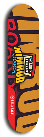 Skateboard deck: Limited edition, North American maple skateboard deck designed by underground artist BellyRash -- available in widths 7.5 to 8.5 inches in both mellow concave and steep concave shapes. Artwork: NIMROD brand popsicle-shaped skateboard deck with NIMROD logo on dark background. 