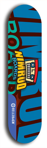 Skateboard deck: Limited edition, North American maple skateboard deck designed by underground artist BellyRash -- available in widths 7.5 to 8.5 inches in both mellow concave and steep concave shapes. Artwork: NIMROD brand popsicle-shaped skateboard deck with NIMROD logo on dark background. 