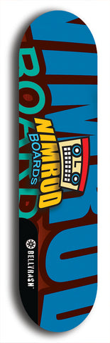 Skateboard deck: Limited edition, North American maple skateboard deck designed by underground artist BellyRash -- available in widths 7.5 to 8.5 inches in both mellow concave and steep concave shapes. Artwork: NIMROD brand popsicle-shaped skateboard deck with NIMROD logo on dark background. 