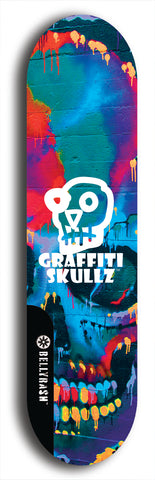 Skateboard deck: Limited edition, North American maple skateboard deck designed by underground artist BellyRash - available widths 7.5 to 8.5 inches in both mellow concave and steep concave shapes. Artwork: GRAFFITI SKULLZ logo brand popsicle-shaped deck with graffiti or street art background