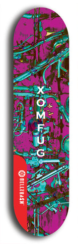 Skateboard deck: Limited edition, North American maple skateboard deck designed by underground artist BellyRash - available widths 7.5 to 8.5 inches in both mellow concave and steep concave shapes. Artwork: XOMFUG logo brand popsicle-shaped deck