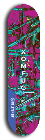 Skateboard deck: Limited edition, North American maple skateboard deck designed by underground artist BellyRash - available widths 7.5 to 8.5 inches in both mellow concave and steep concave shapes. Artwork: XOMFUG logo brand popsicle-shaped deck