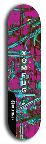 Skateboard deck: Limited edition, North American maple skateboard deck designed by underground artist BellyRash - available widths 7.5 to 8.5 inches in both mellow concave and steep concave shapes. Artwork: XOMFUG logo brand popsicle-shaped deck