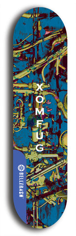 Skateboard deck: Limited edition, North American maple skateboard deck designed by underground artist BellyRash - available widths 7.5 to 8.5 inches in both mellow concave and steep concave shapes. Artwork: XOMFUG logo brand popsicle-shaped deck