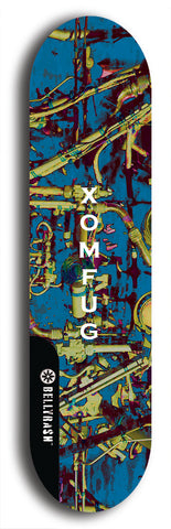 Skateboard deck: Limited edition, North American maple skateboard deck designed by underground artist BellyRash - available widths 7.5 to 8.5 inches in both mellow concave and steep concave shapes. Artwork: XOMFUG logo brand popsicle-shaped deck